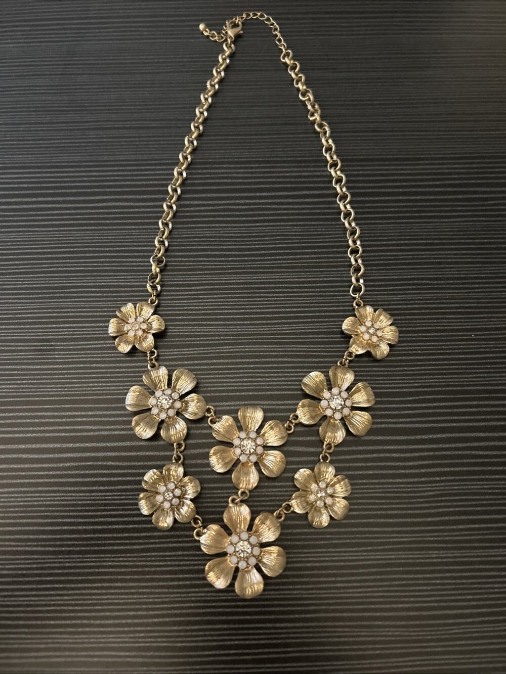 Gold Colored Beige Floral Statement Necklace Adjustable Beautiful